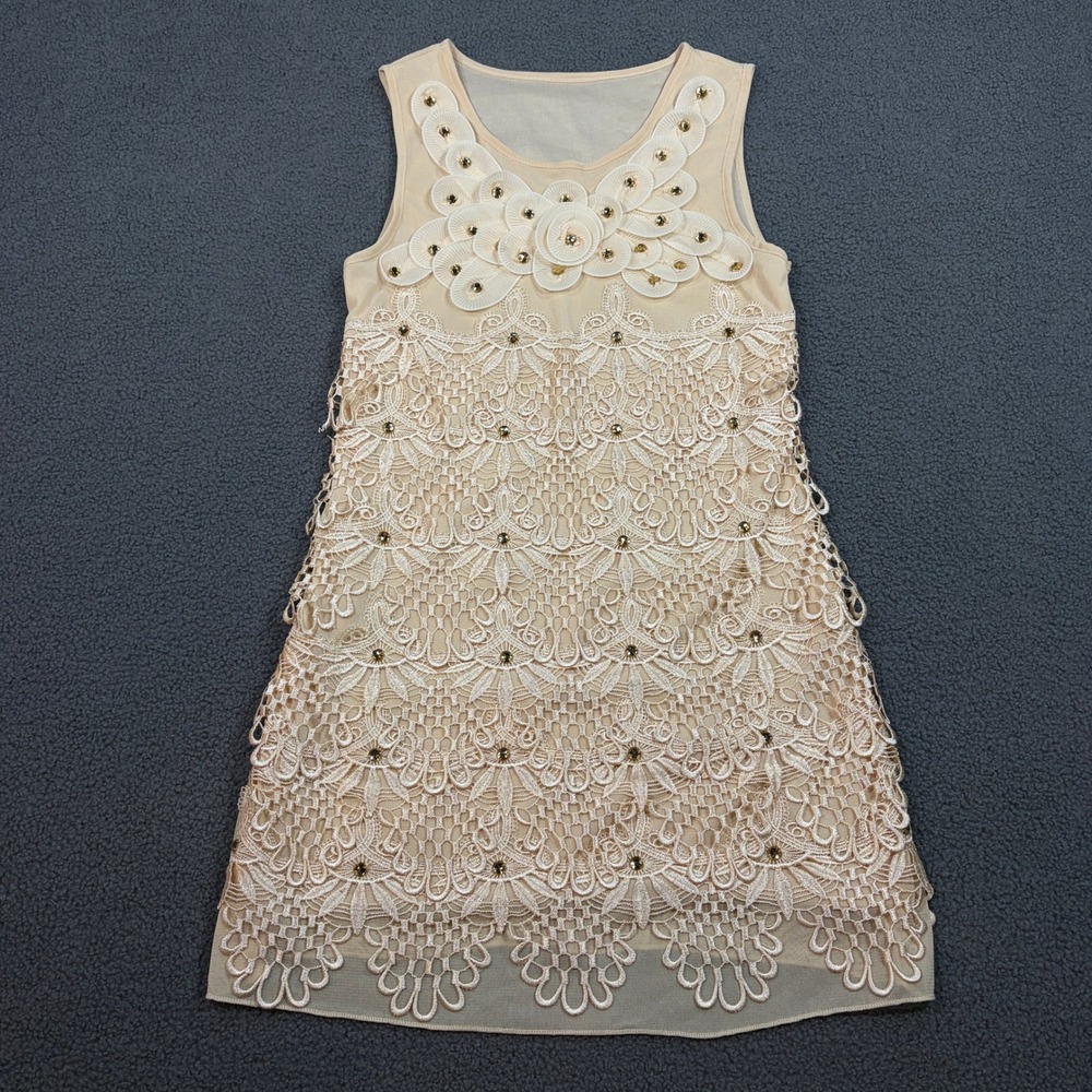 Unbranded Lace Shift Dress Women S Beige Rhinestone Floral Applique Sleeveless